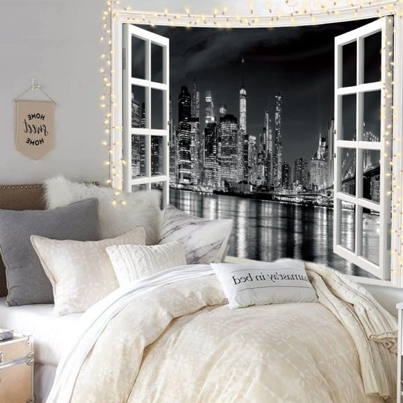 Black White NYC New York Cityscape Window View Metropolitan Bedroom Tapestry - Picture 3 of 4